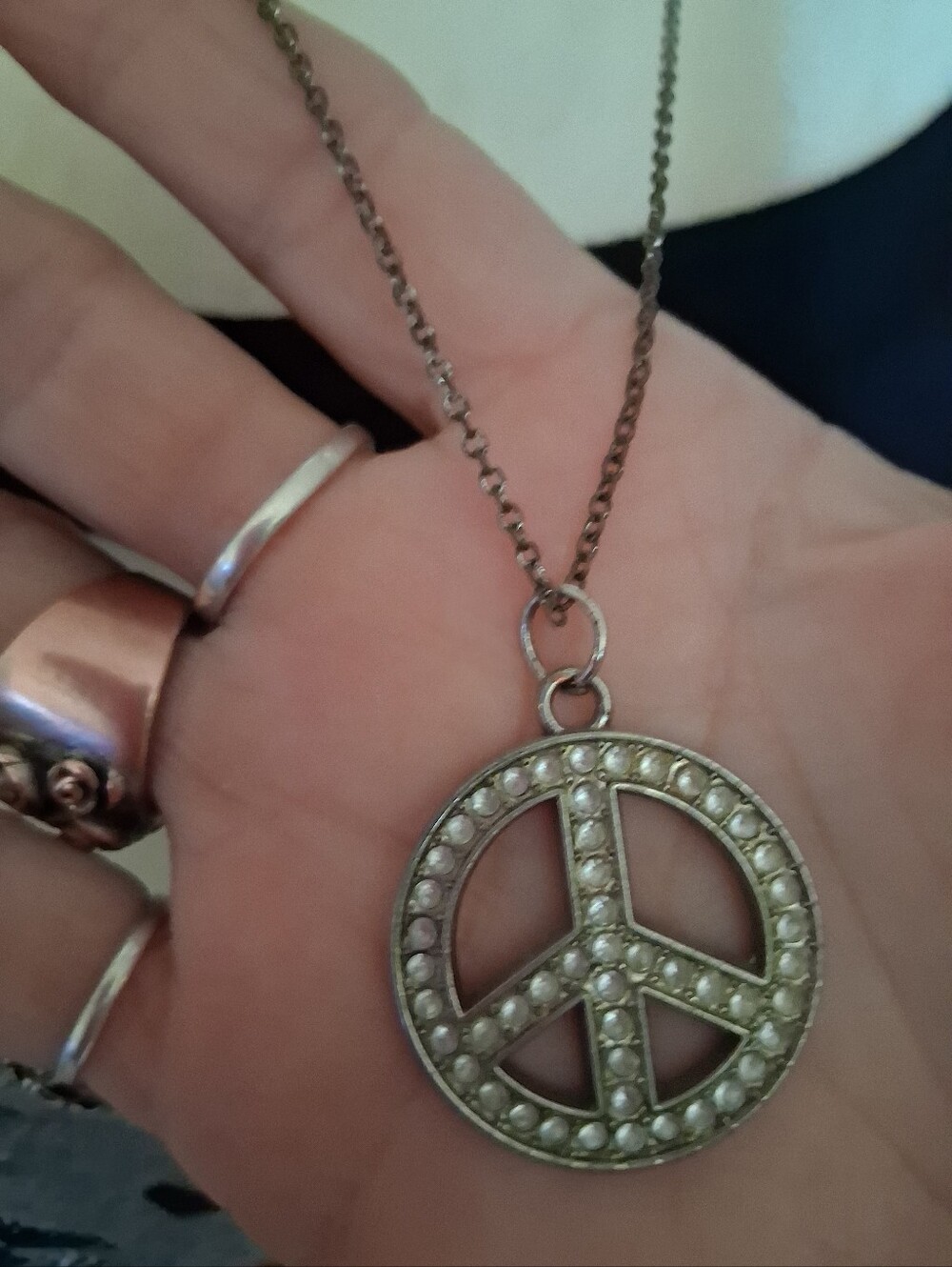 Silver-Tone Pearl Peace Sign Necklace for Women